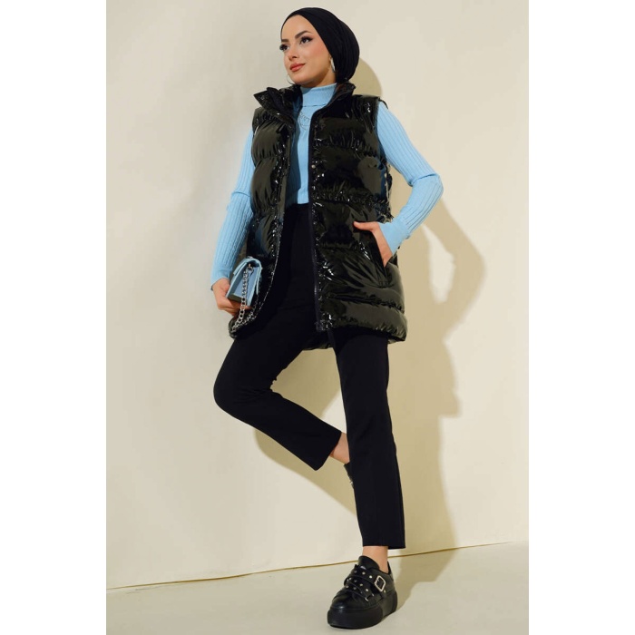 T10233 Kapüşonlu Uzun Tesettür Yelek - Siyah