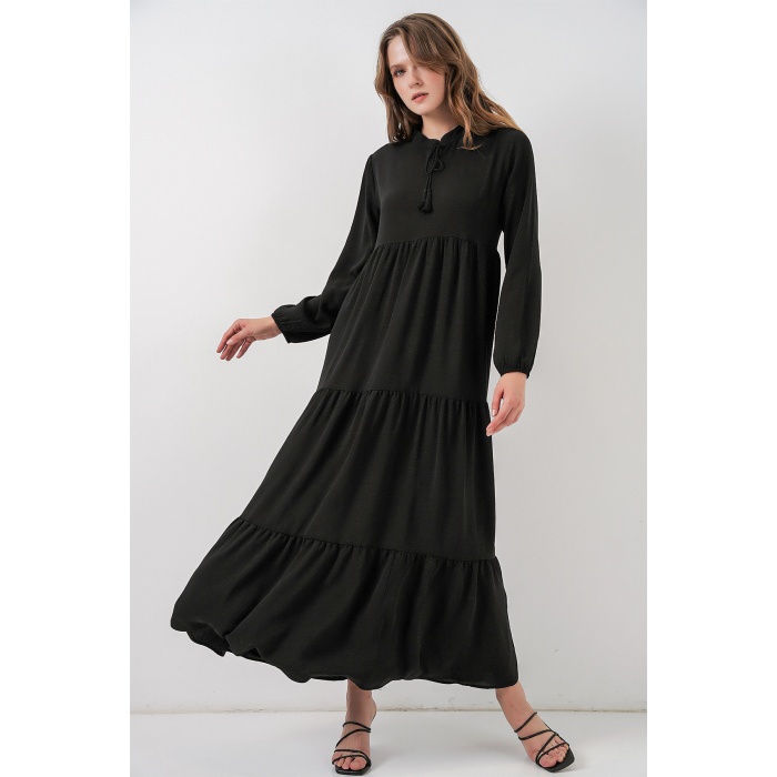 T1627 Yaka Bağcıklı Elbise - Siyah