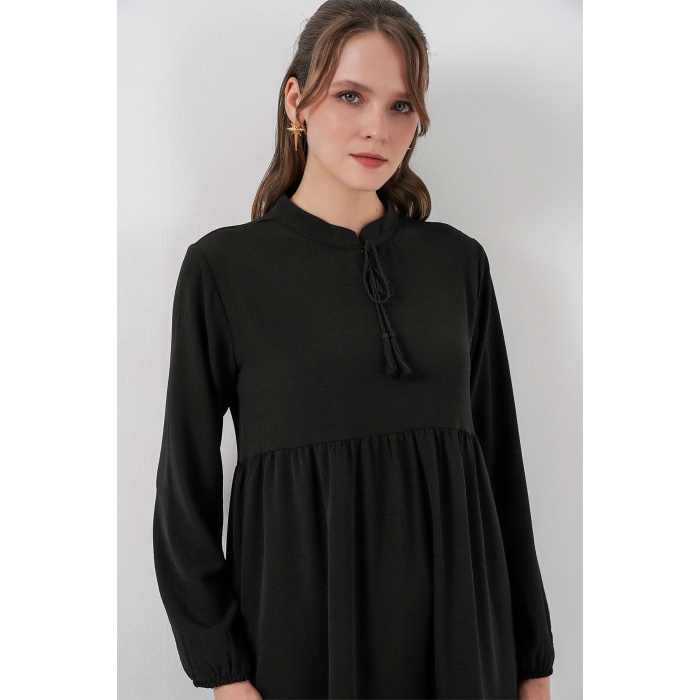 T1627 Yaka Bağcıklı Elbise - Siyah