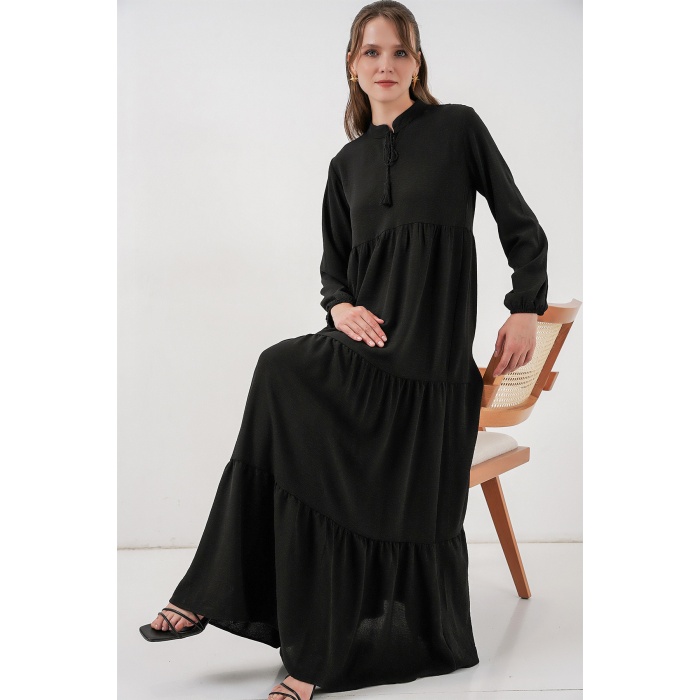 T1627 Yaka Bağcıklı Elbise - Siyah