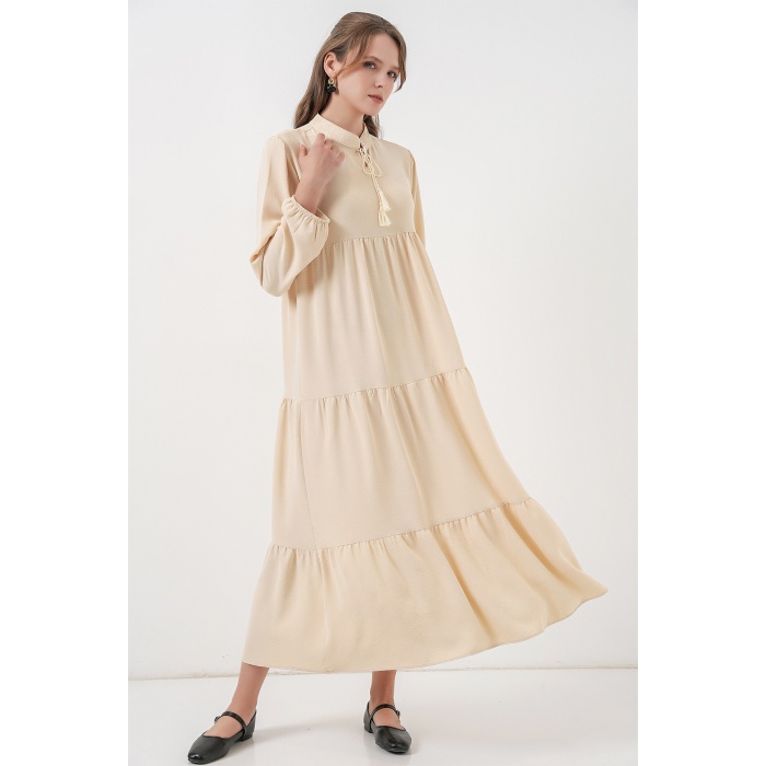 T1627 Yaka Bağcıklı Elbise - Krem