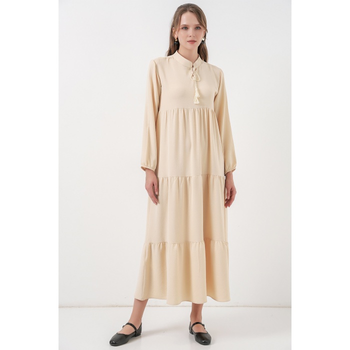 T1627 Yaka Bağcıklı Elbise - Krem