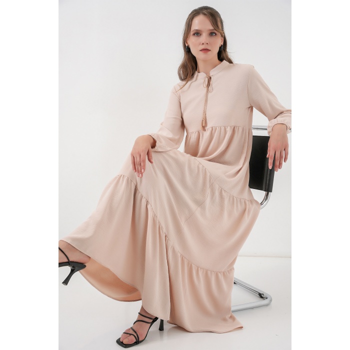 T1627 Yaka Bağcıklı Elbise - C. Bej