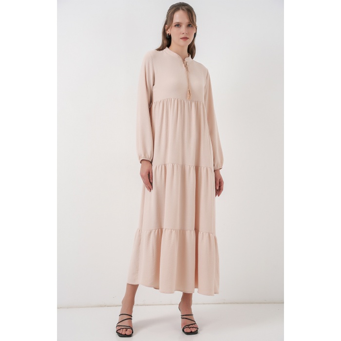 T1627 Yaka Bağcıklı Elbise - C. Bej