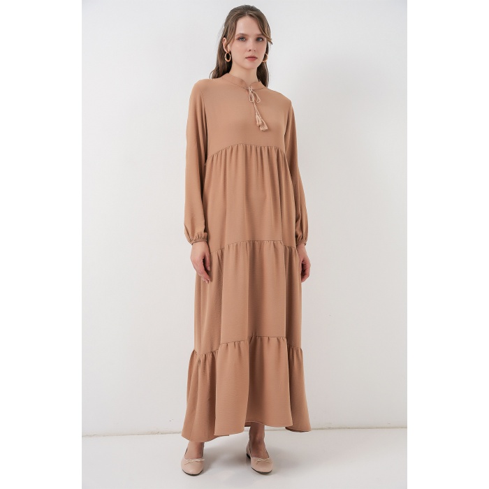 T1627 Yaka Bağcıklı Elbise - D.Vizon