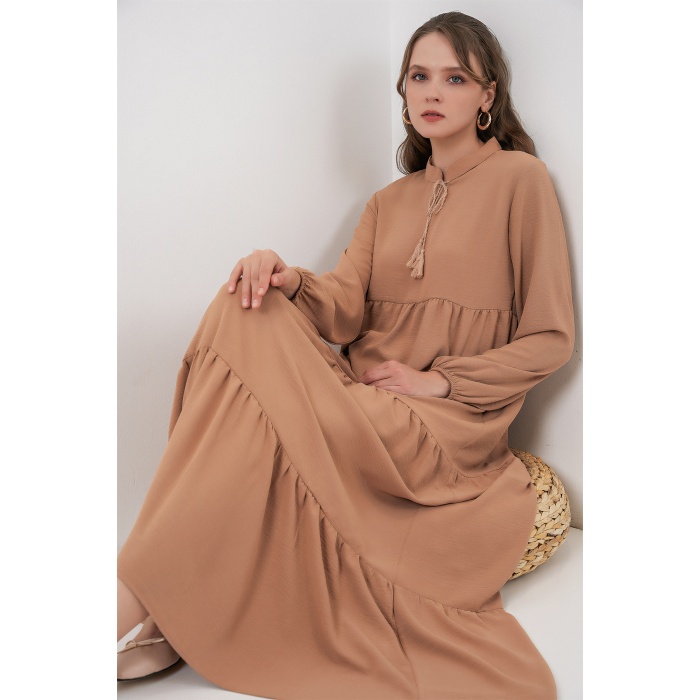 T1627 Yaka Bağcıklı Elbise - D.Vizon