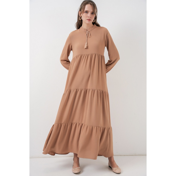 T1627 Yaka Bağcıklı Elbise - D.Vizon