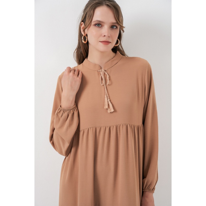 T1627 Yaka Bağcıklı Elbise - D.Vizon