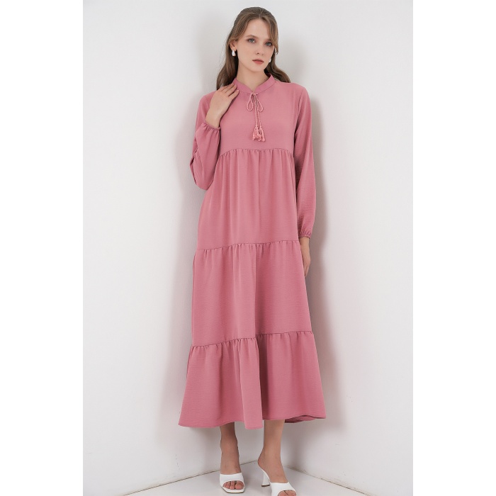 T1627 Yaka Bağcıklı Elbise - Gül Kurusu