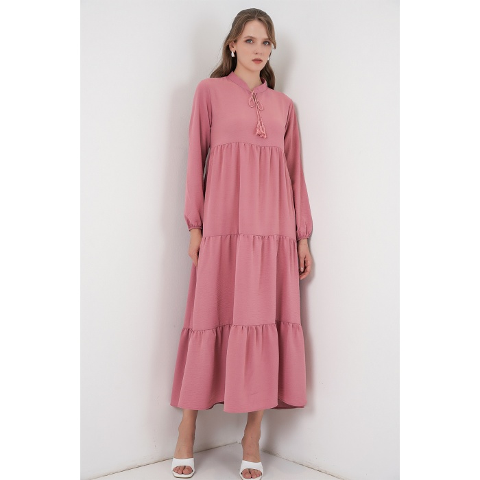 T1627 Yaka Bağcıklı Elbise - Gül Kurusu