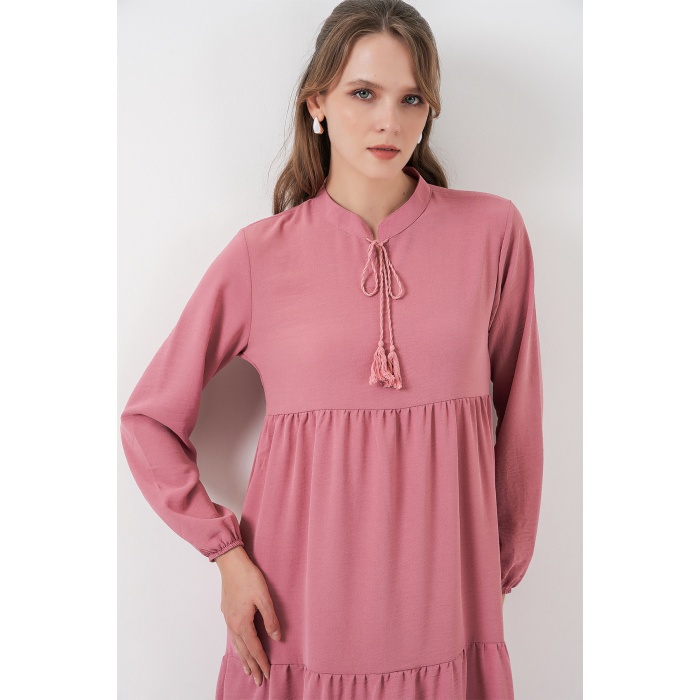 T1627 Yaka Bağcıklı Elbise - Gül Kurusu