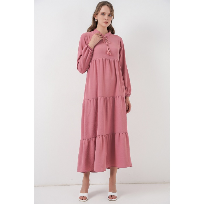 T1627 Yaka Bağcıklı Elbise - Gül Kurusu