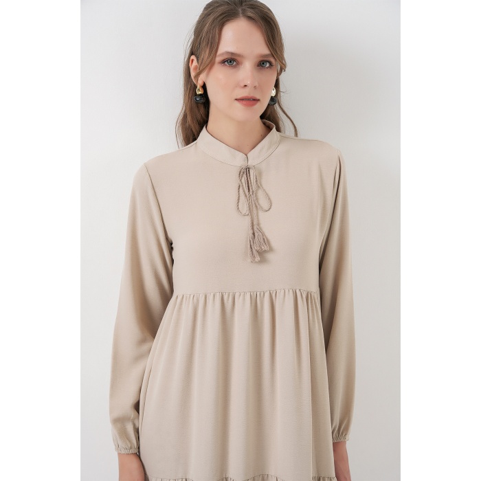 T1627 Yaka Bağcıklı Elbise - Taş