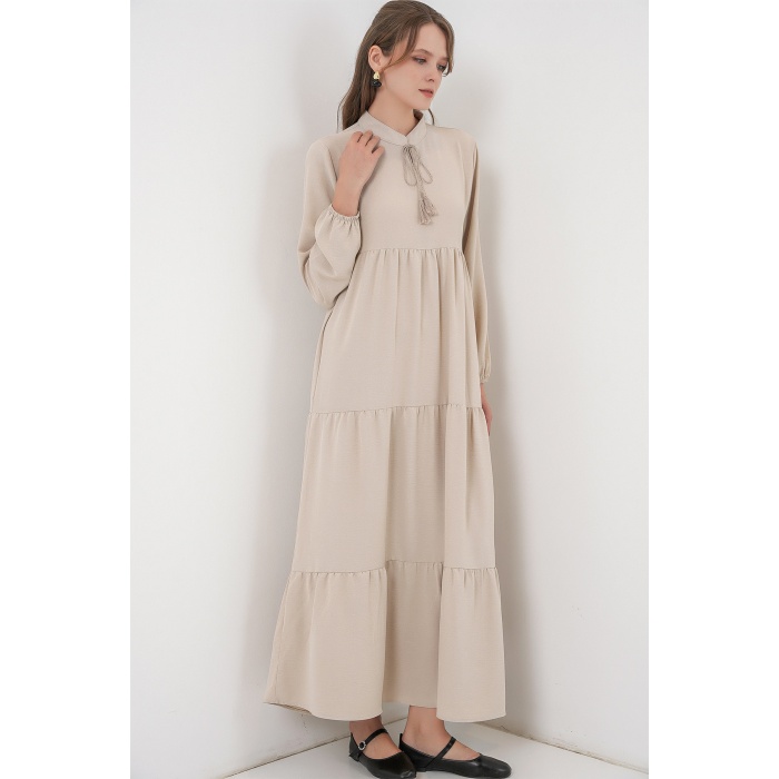 T1627 Yaka Bağcıklı Elbise - Taş