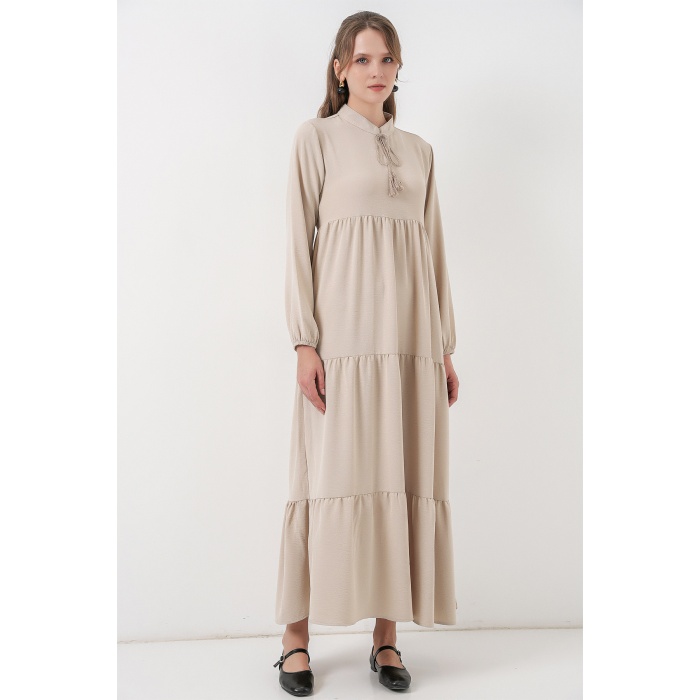 T1627 Yaka Bağcıklı Elbise - Taş