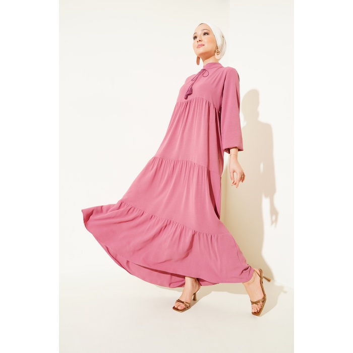 T1627 Yaka Bağcıklı Elbise - A. Pembe