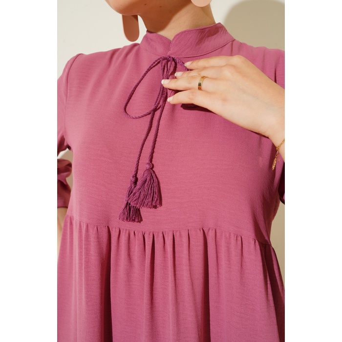 T1627 Yaka Bağcıklı Elbise - A. Pembe