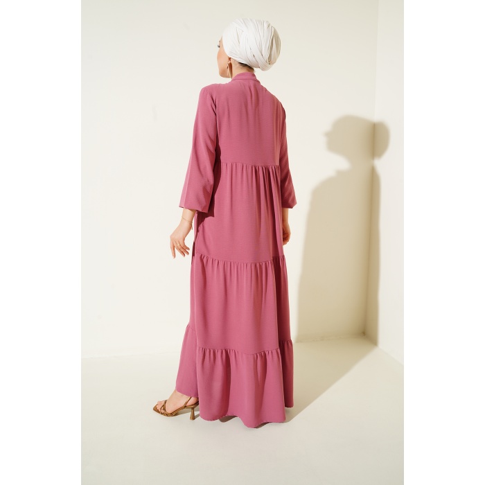 T1627 Yaka Bağcıklı Elbise - A. Pembe