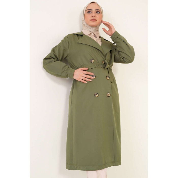 T5853 Kruvaze Yaka Tesettür Trençkot - Haki
