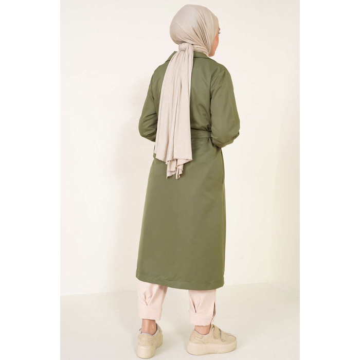 T5853 Kruvaze Yaka Tesettür Trençkot - Haki