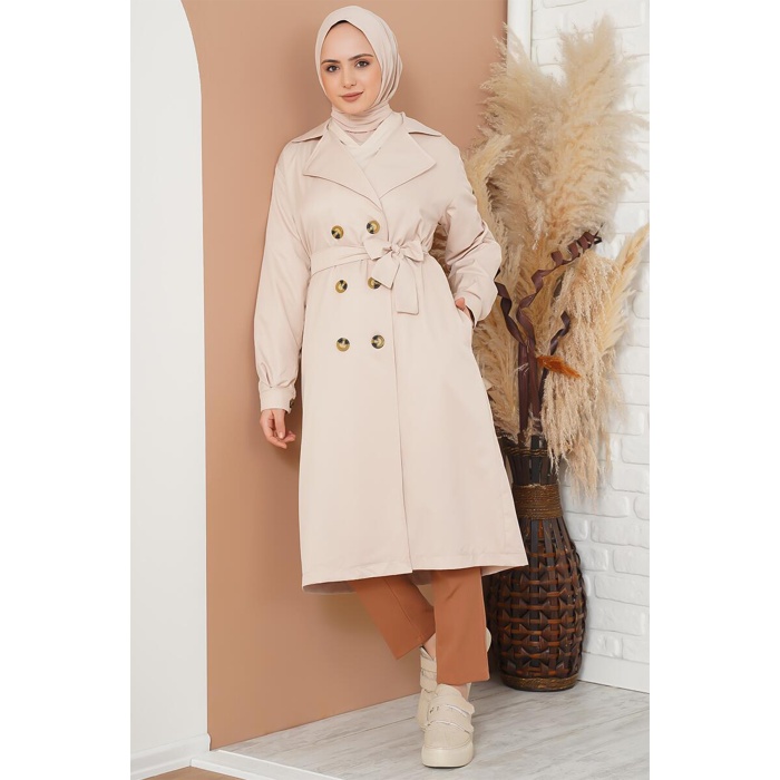 T5853 Kruvaze Yaka Tesettür Trençkot - Bej