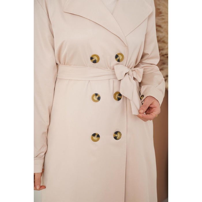 T5853 Kruvaze Yaka Tesettür Trençkot - Bej