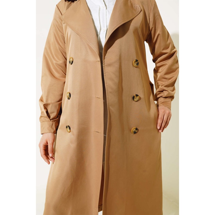 T5853 Kruvaze Yaka Tesettür Trençkot - Taba