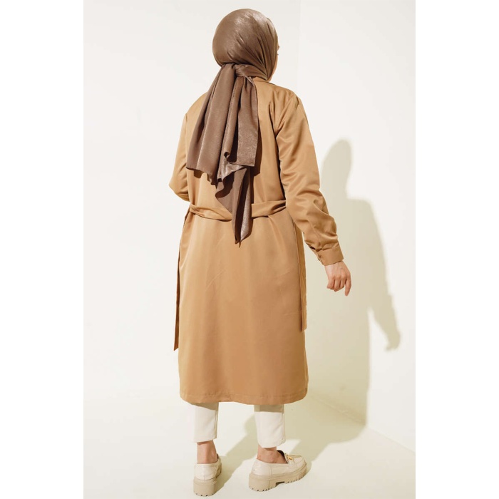 T5853 Kruvaze Yaka Tesettür Trençkot - Taba