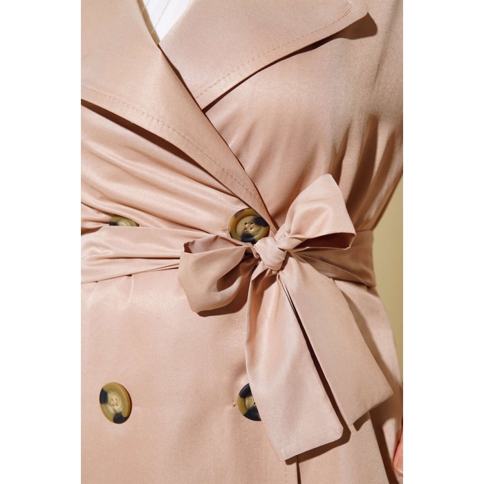 T5853 Kruvaze Yaka Tesettür Trençkot - Vizon