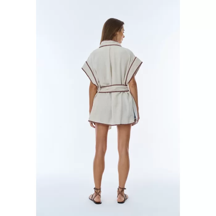 İşleme Detaylı Bağlamalı Keten Kimono Naturel