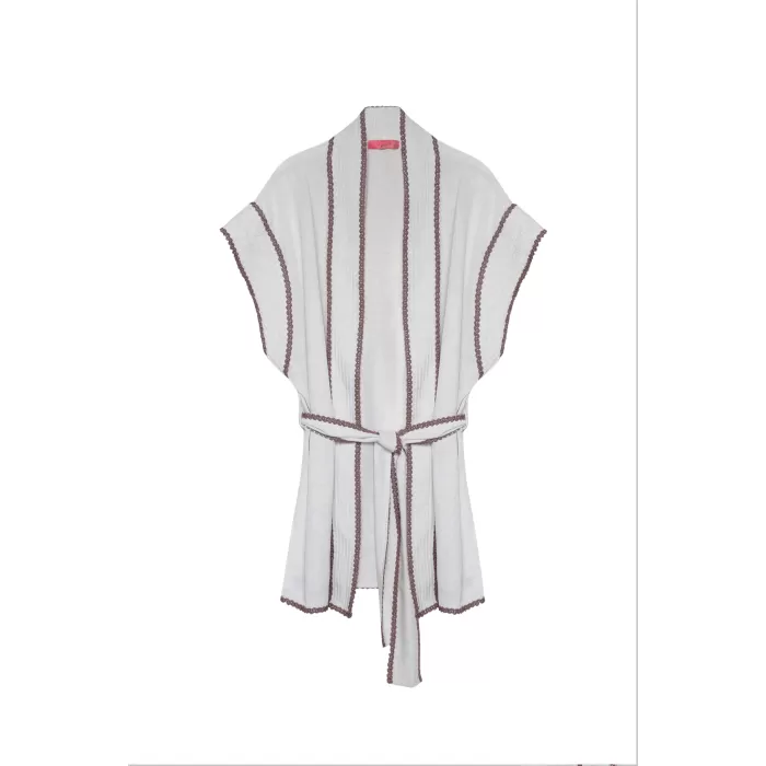 İşleme Detaylı Bağlamalı Keten Kimono Naturel