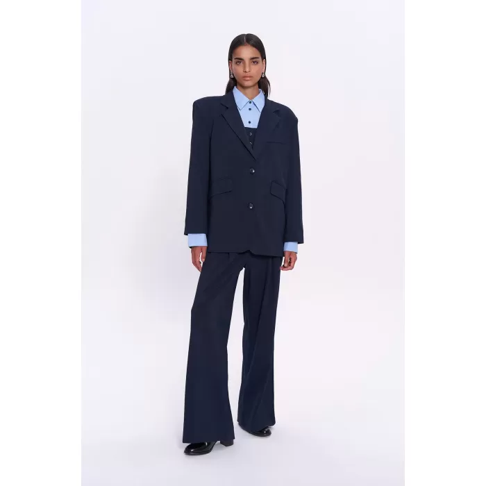 Sayı Nakışlı Yüksek Bel Pantolon Lacivert