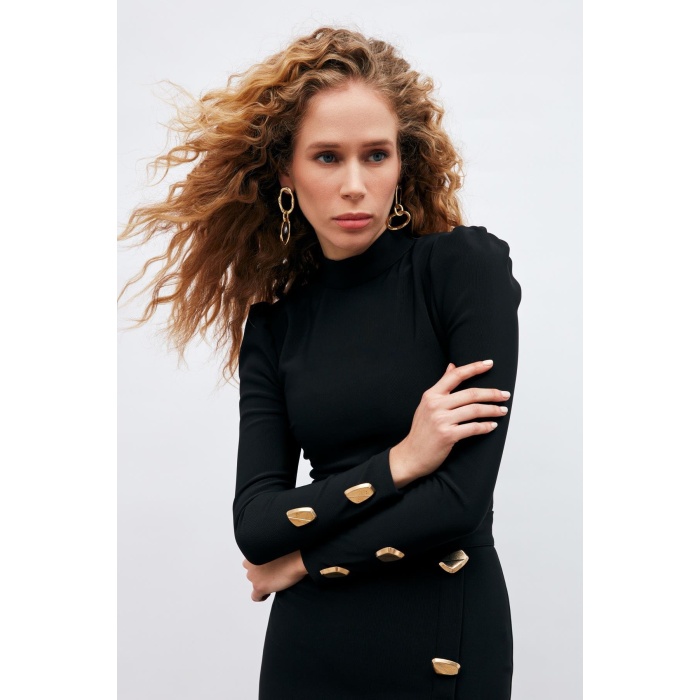 Düğme Detaylı Crop Bluz - SİYAH