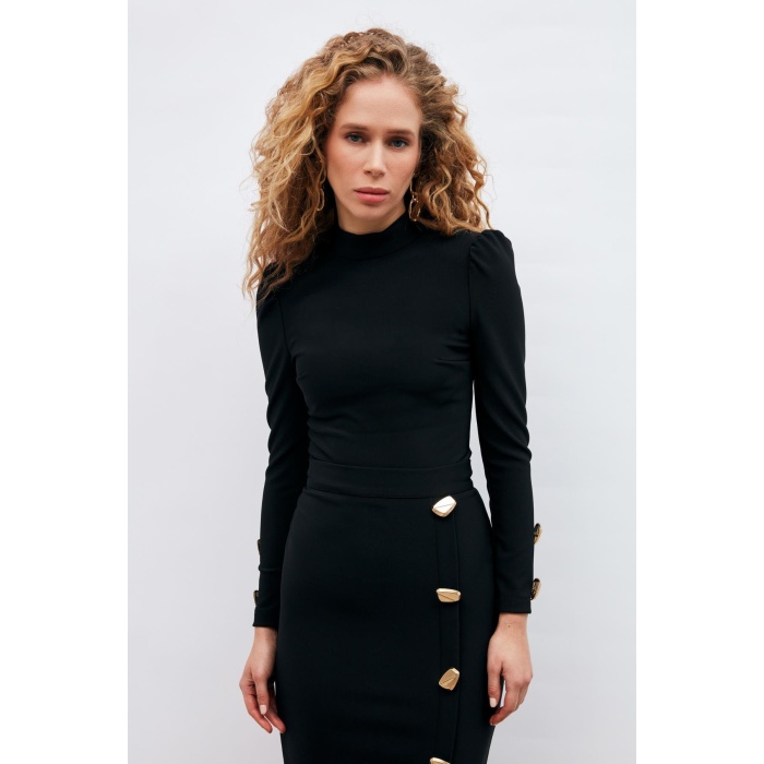 Düğme Detaylı Crop Bluz - SİYAH