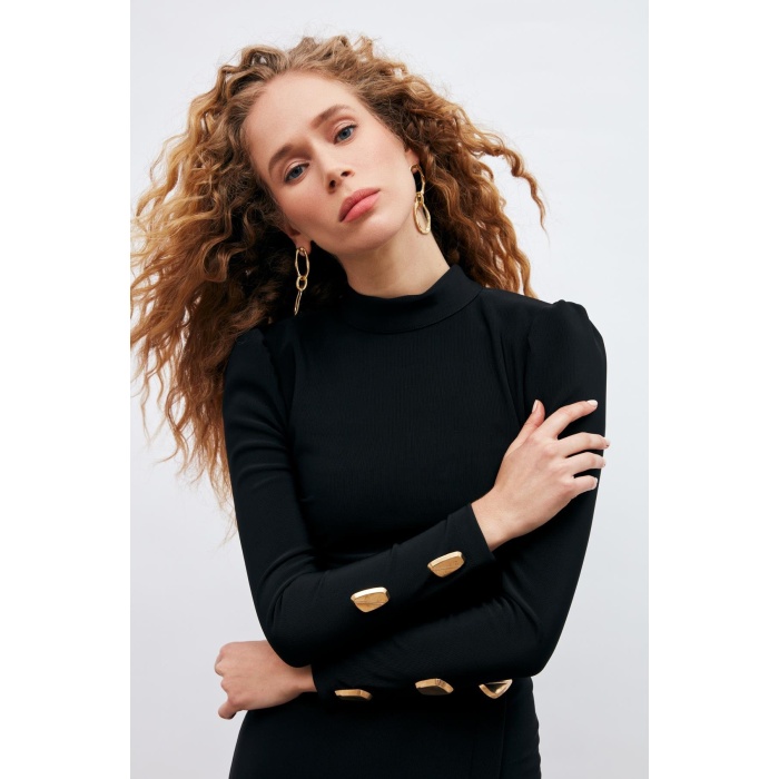 Düğme Detaylı Crop Bluz - SİYAH