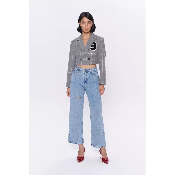 Kareli Çift Düğmeli Crop Blazer Ceket Gri