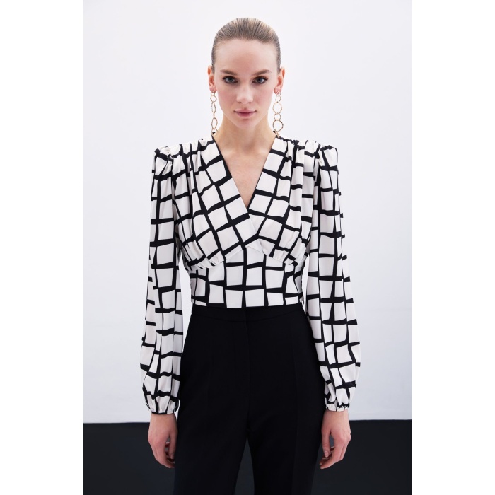 Desenli Crop Bluz - Ekru