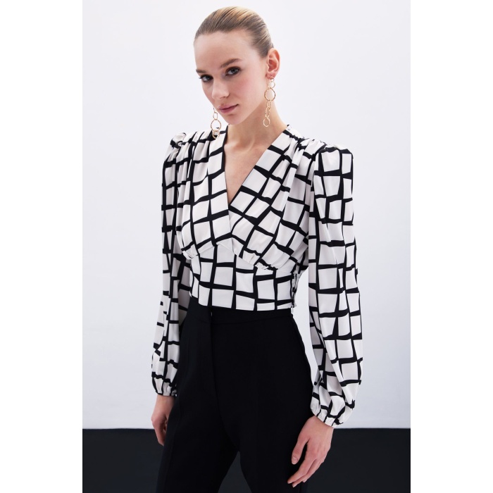 Desenli Crop Bluz - Ekru