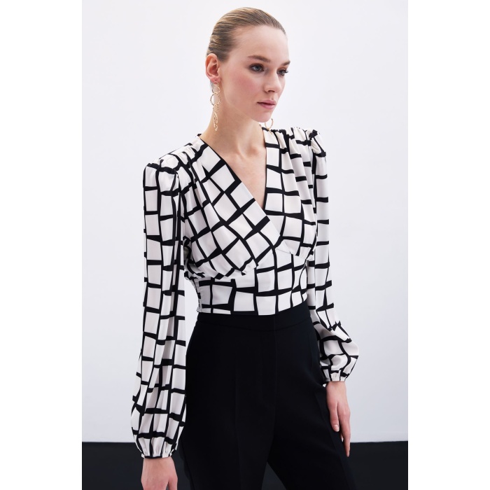 Desenli Crop Bluz - Ekru