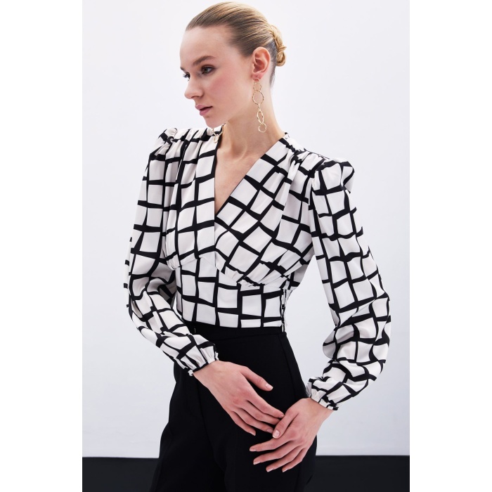 Desenli Crop Bluz - Ekru