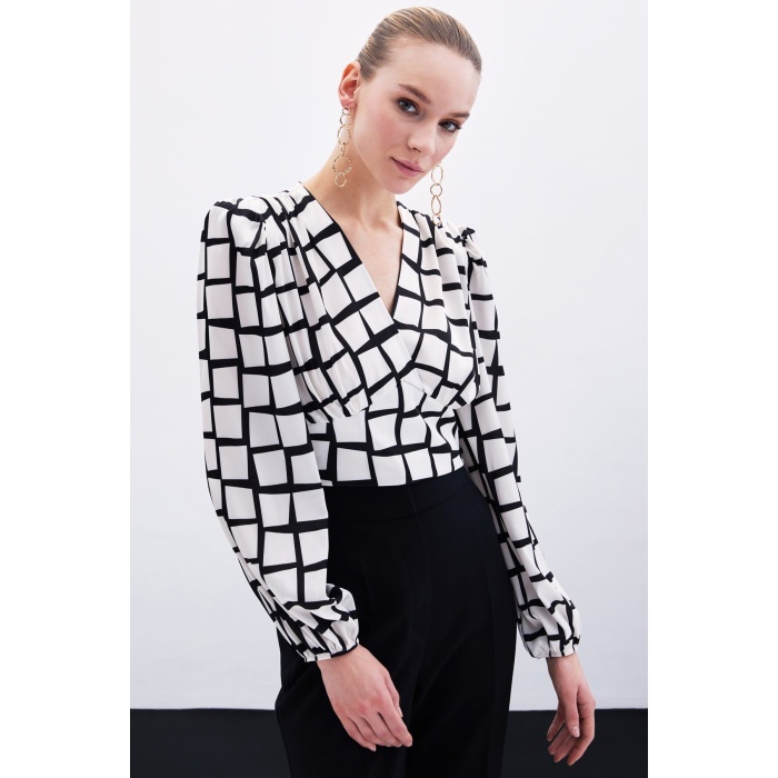 Desenli Crop Bluz - Ekru