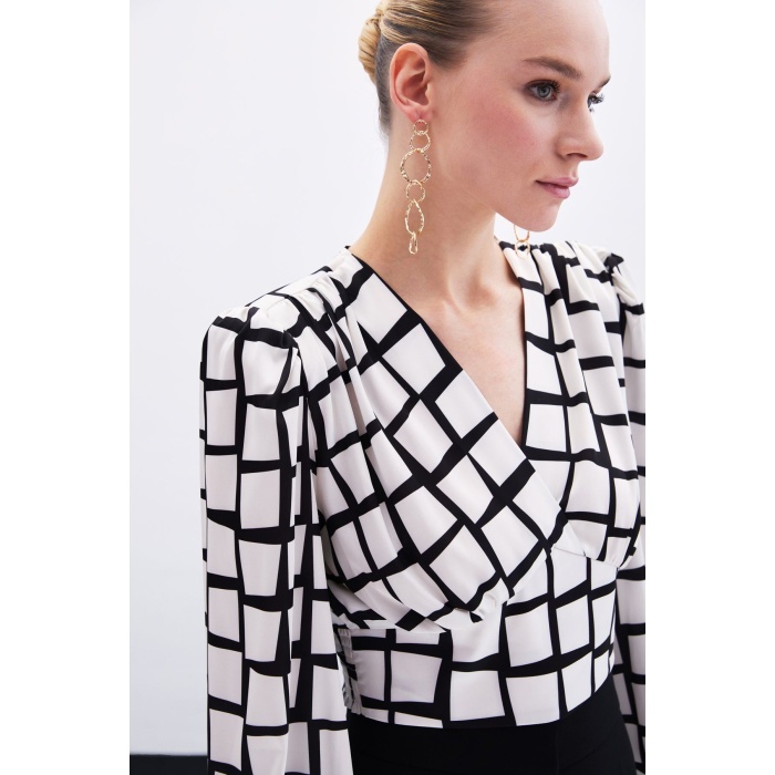 Desenli Crop Bluz - Ekru