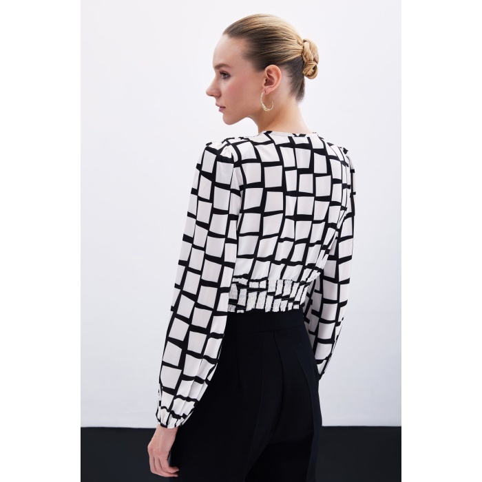 Desenli Crop Bluz - Ekru
