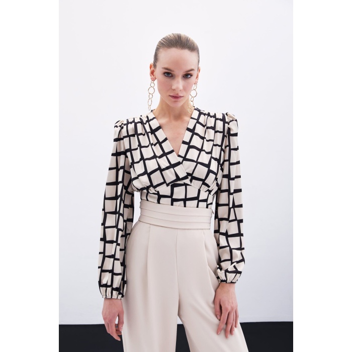 Desenli Crop Bluz - Bej