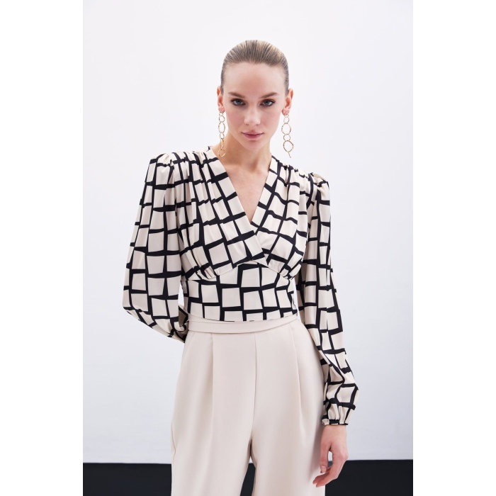 Desenli Crop Bluz - Bej