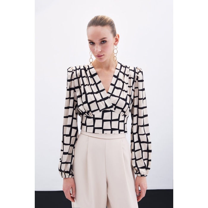 Desenli Crop Bluz - Bej