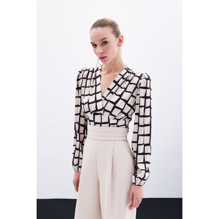 Desenli Crop Bluz - Bej