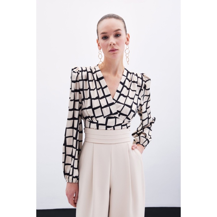 Desenli Crop Bluz - Bej