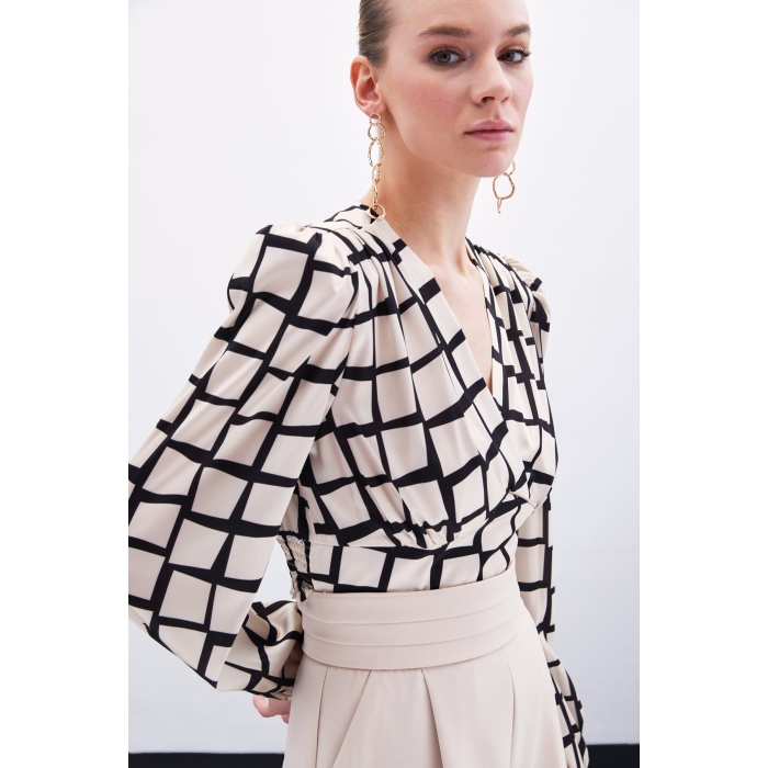 Desenli Crop Bluz - Bej