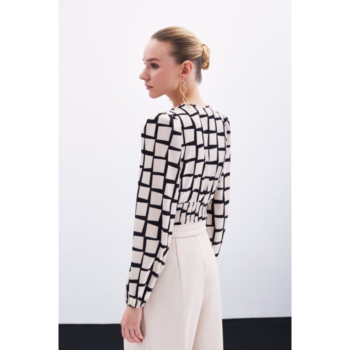 Desenli Crop Bluz - Bej